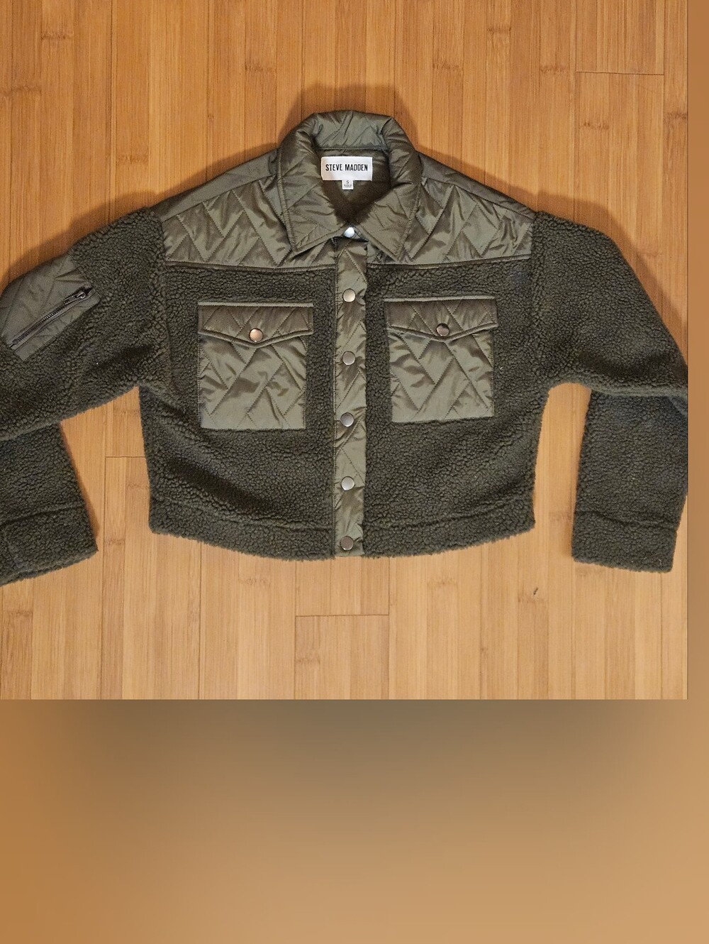 Steve Madden Women's Olive Green Quilted Sherpa Cropped Jacket